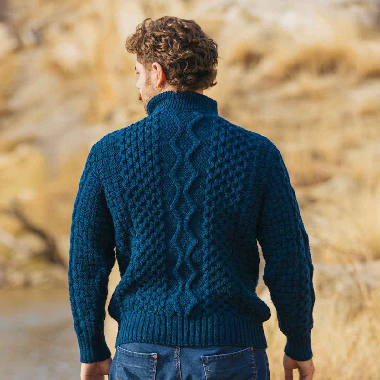 Men's Shawl Collar Fisherman Sweater, Ocean Blue