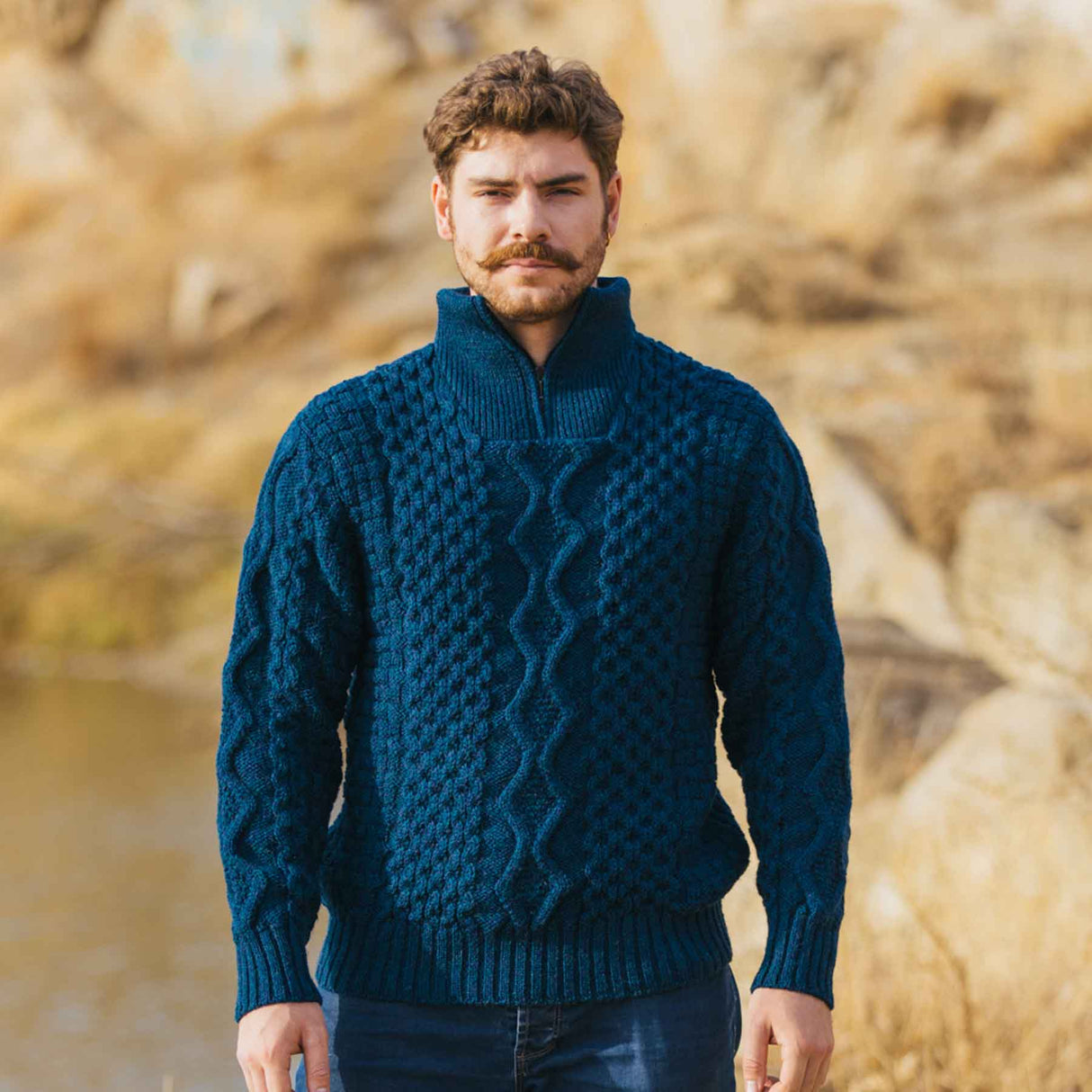 Men's Shawl Collar Fisherman Sweater, Ocean Blue