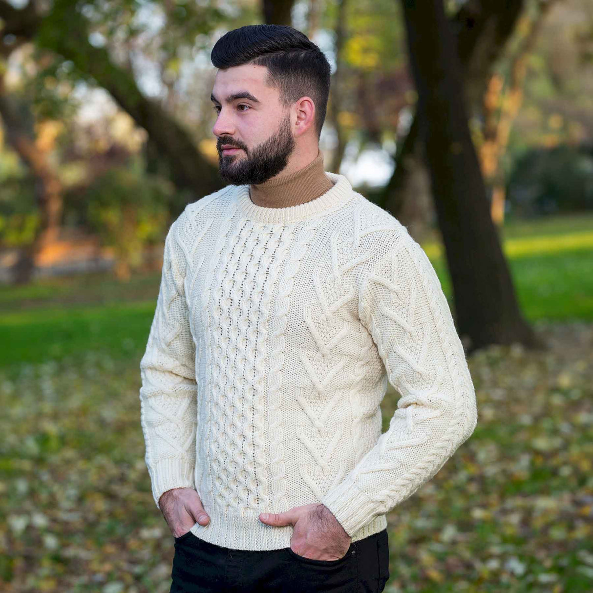 Men's Merino Aran Sweater, Natural