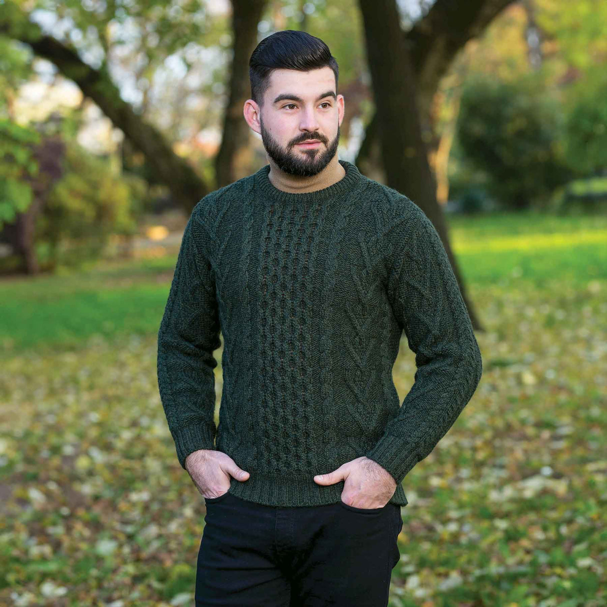 Men's Merino Aran Sweater, Army Green