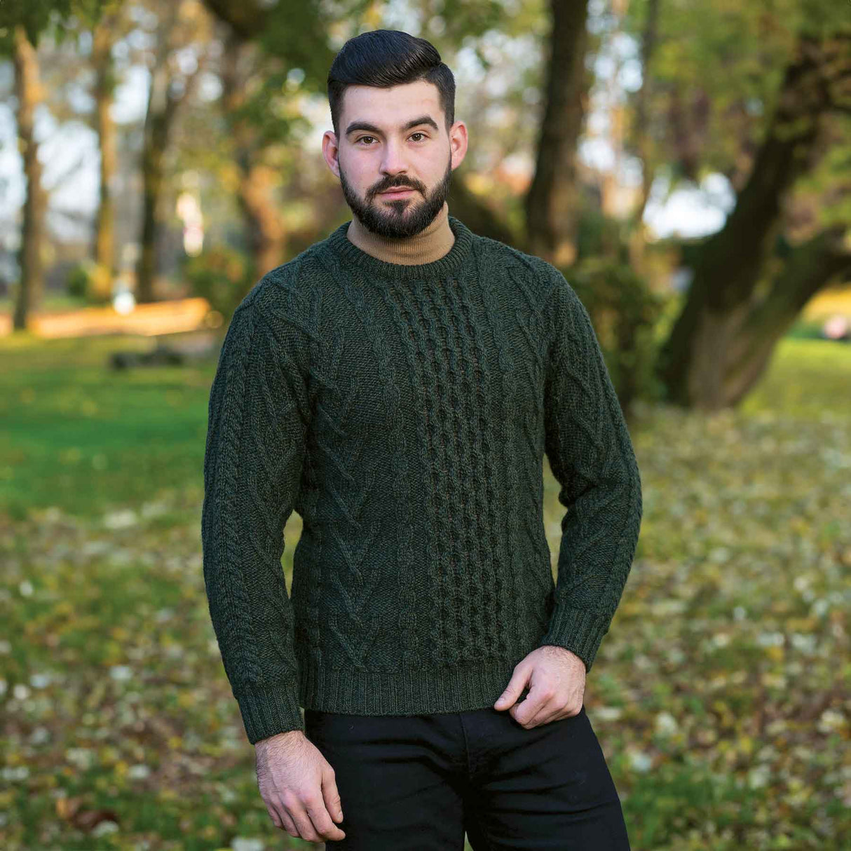 Men's Merino Aran Sweater, Army Green