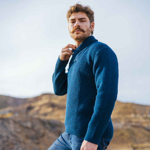 Men's Shawl Collar Fisherman Sweater, Ocean Blue