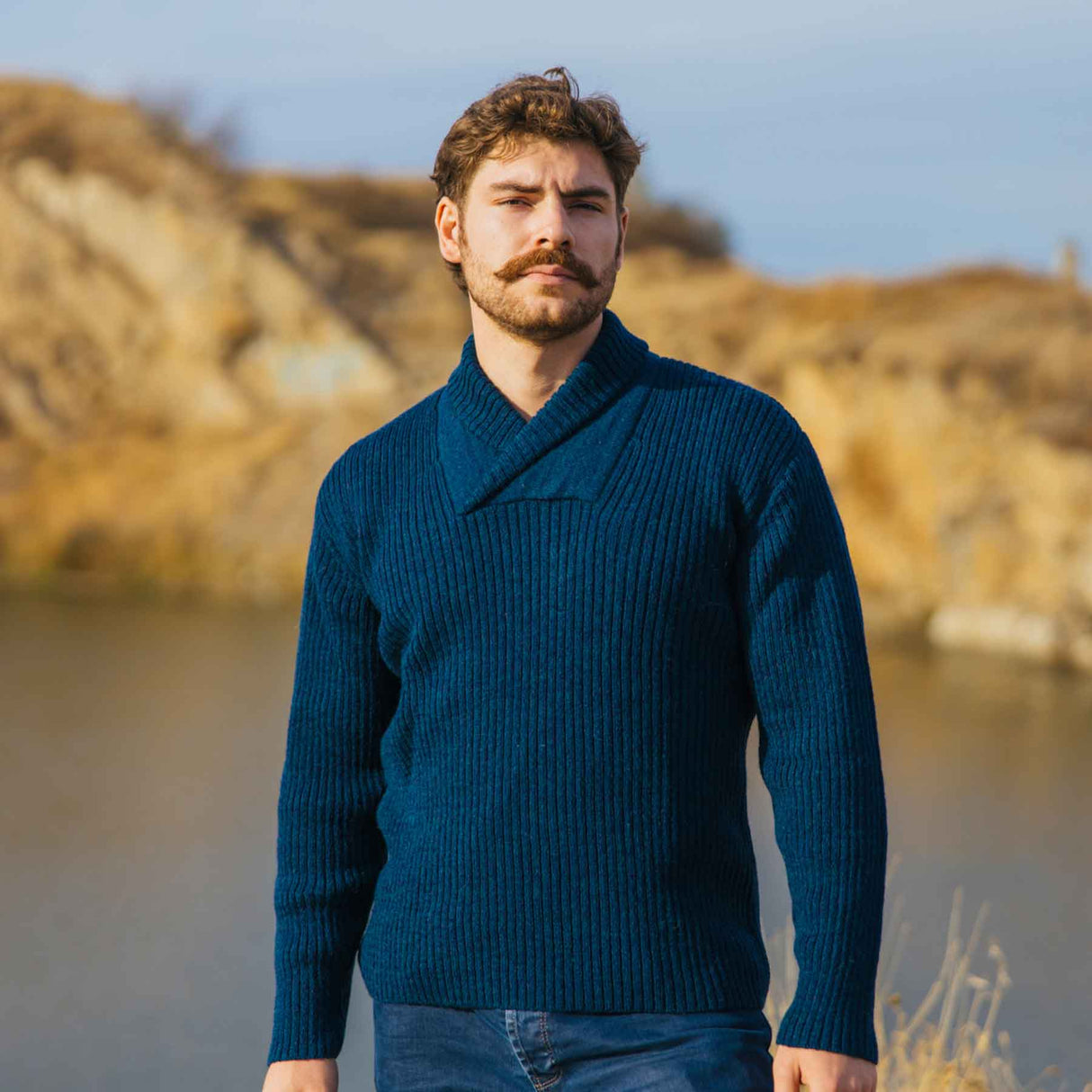 Men's Shawl Collar Fisherman Sweater, Ocean Blue