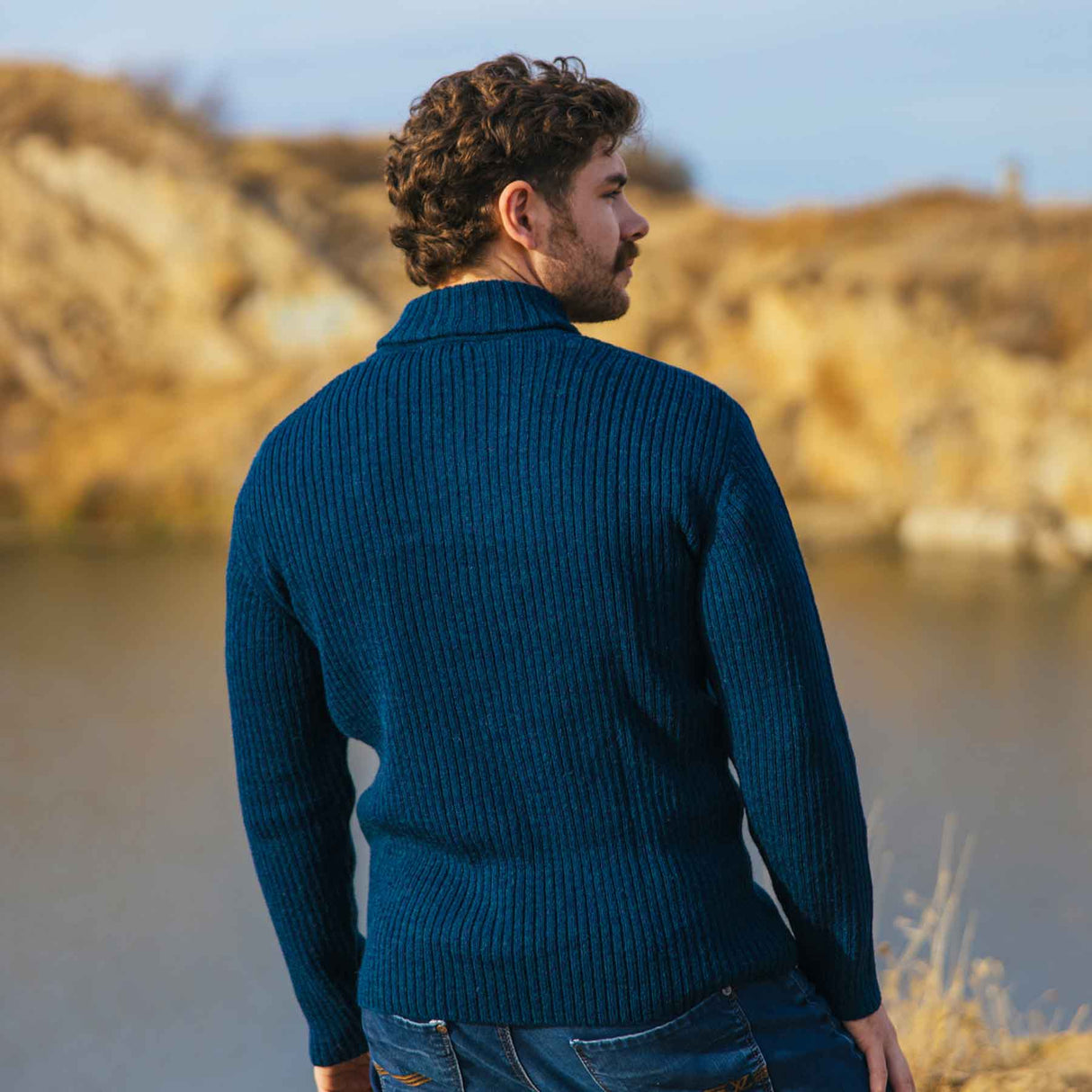 Men's Shawl Collar Fisherman Sweater, Ocean Blue