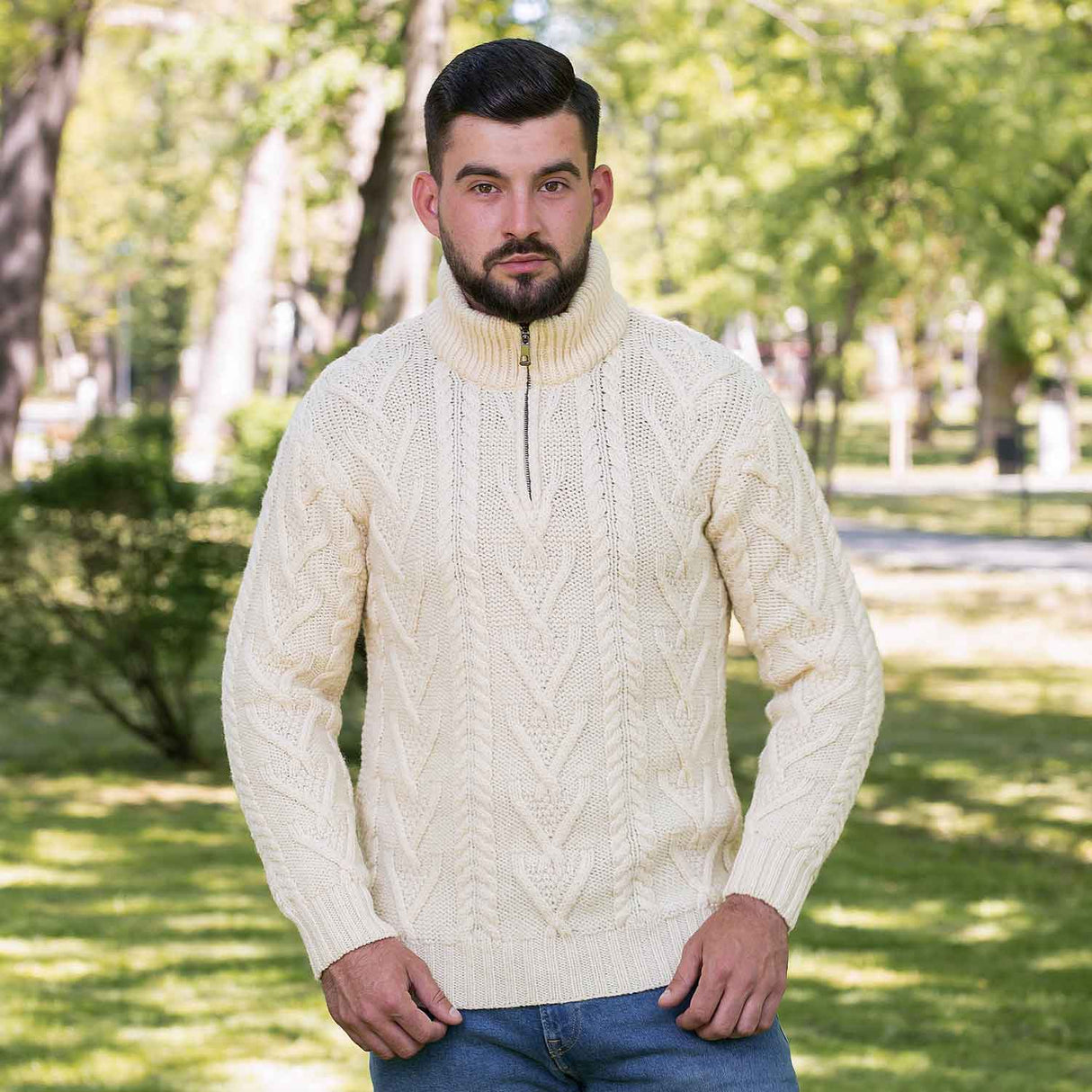 Men's Zip Neck Fisherman Sweater, Natural