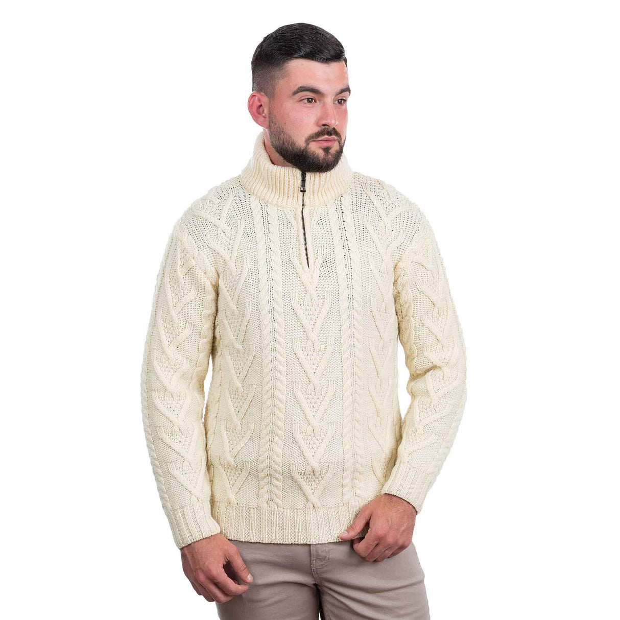 Men's Zip Neck Fisherman Sweater, Natural