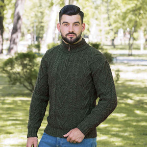 Men's Zip Neck Fisherman Sweater, Army Green