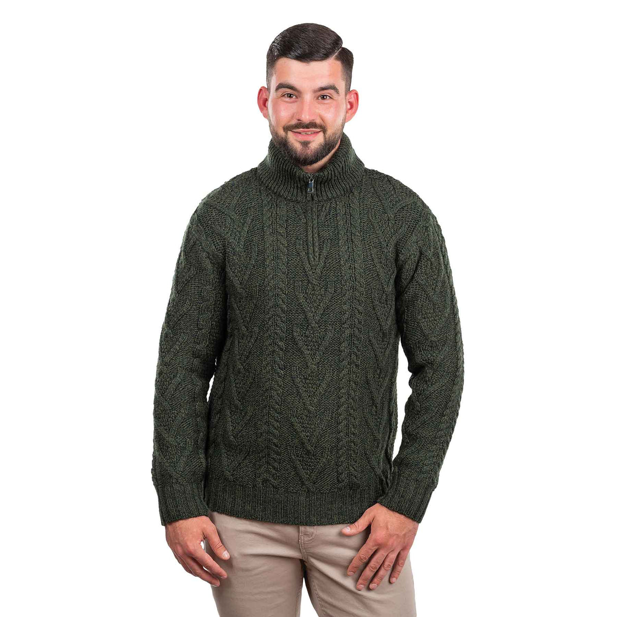 Men's Zip Neck Fisherman Sweater, Army Green