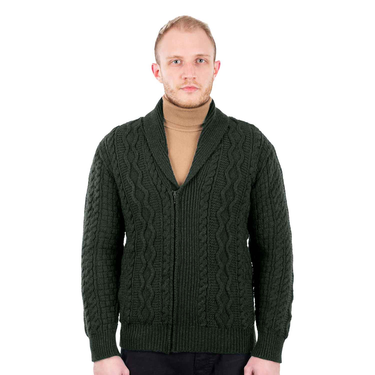 Men's Shawl Neck Zipper Knit Cardigan, Army Green