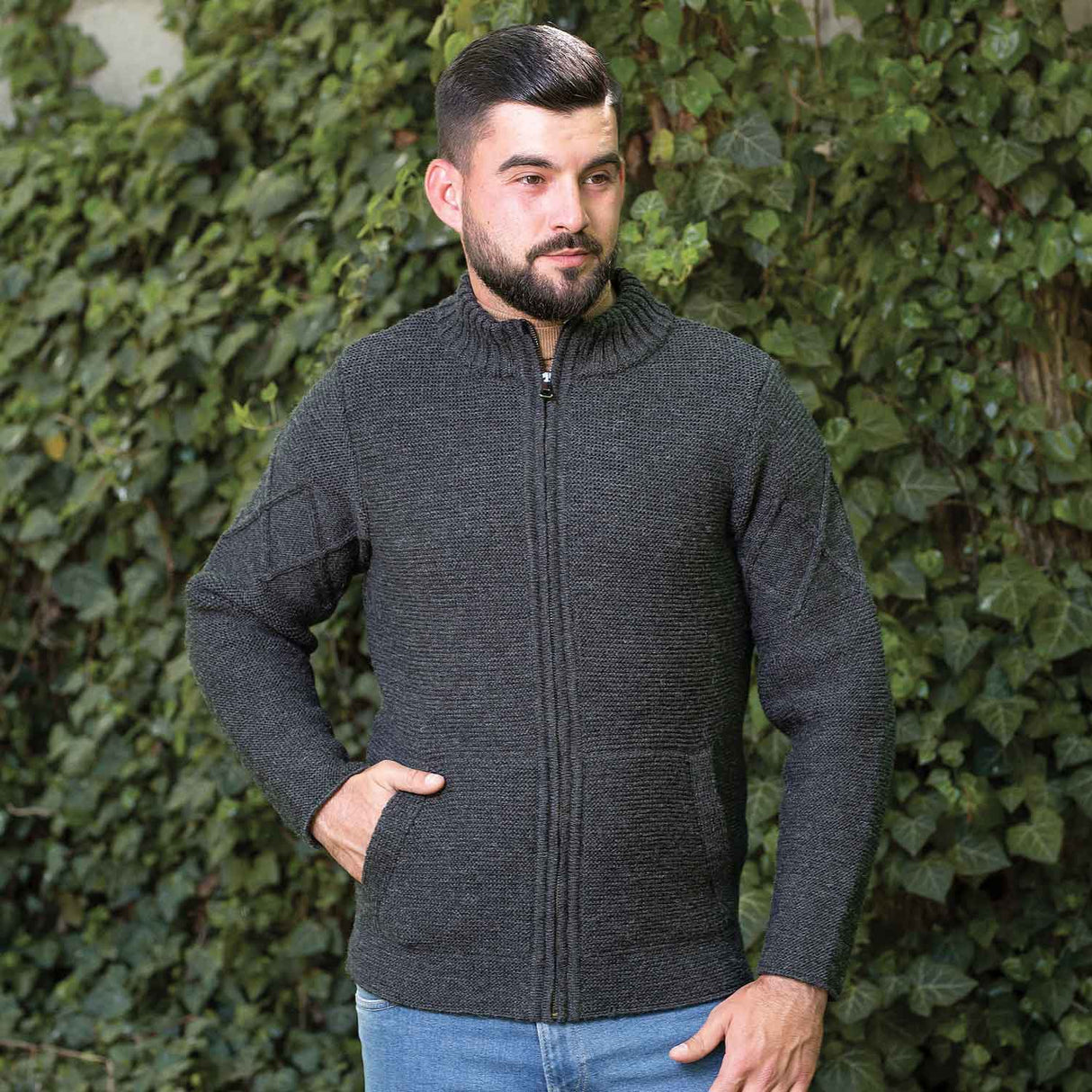 Men's Full Zip Cable Knit Cardigan, Charcoal