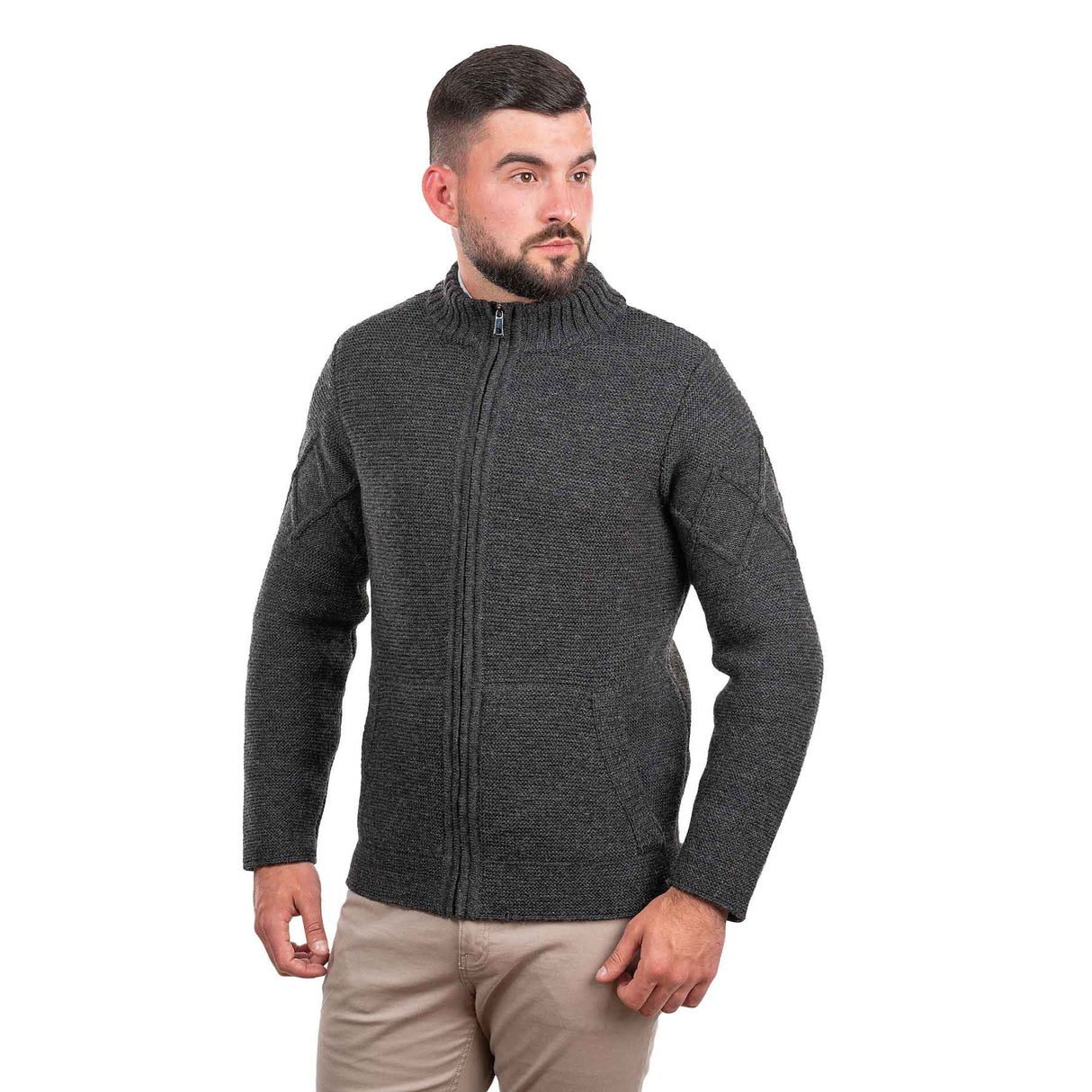 Men's Full Zip Cable Knit Cardigan, Charcoal