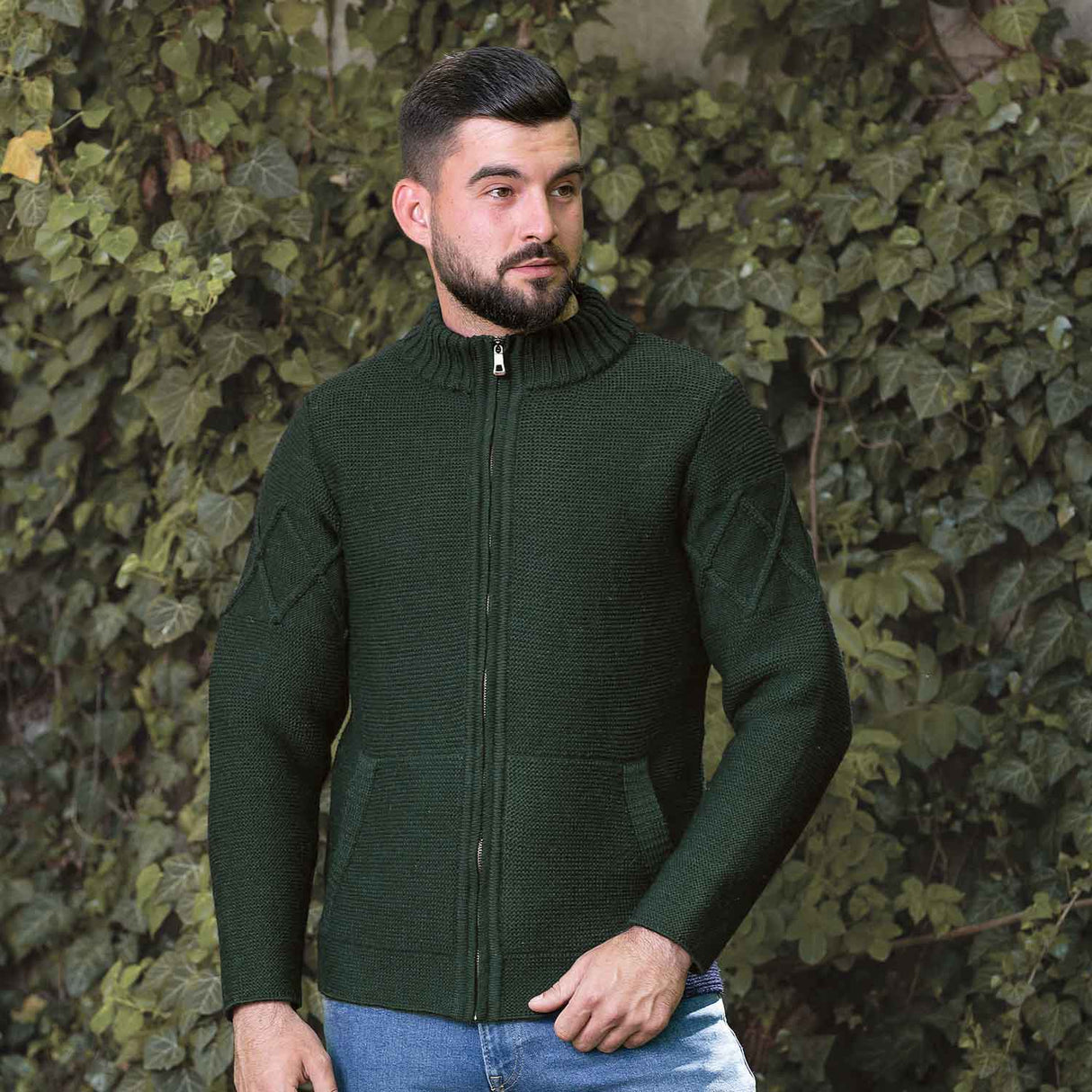 Men's Full Zip Cable Knit Cardigan, Army Green