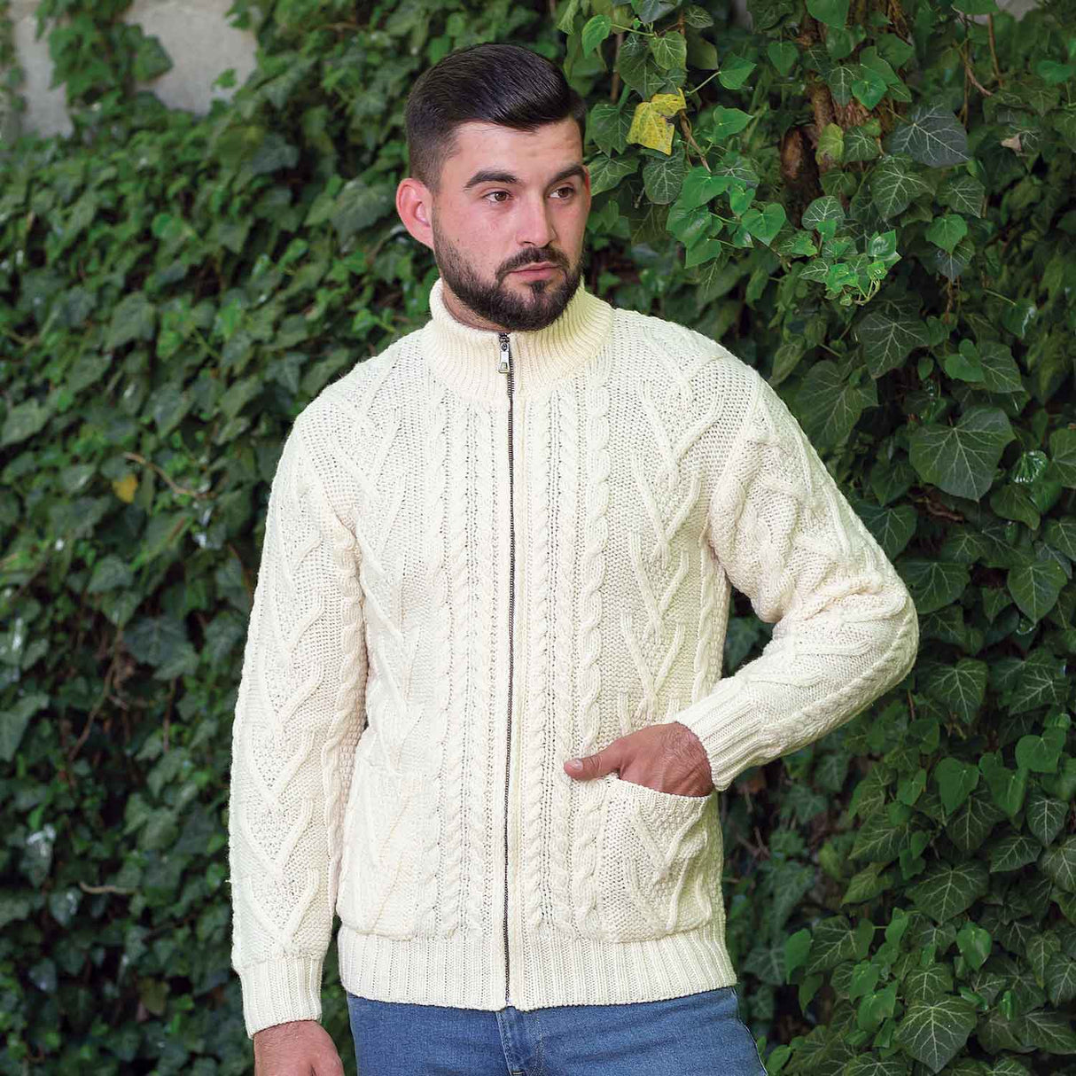 Men's Zipper Knit Cardigan, Natural