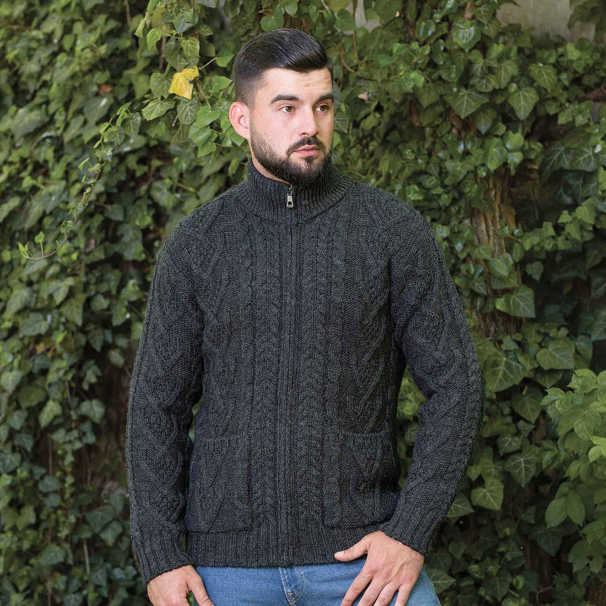 Men's Zipper Knit Cardigan, Charcoal