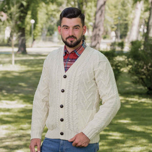 Men's V-Neck Cable Cardigan, Natural