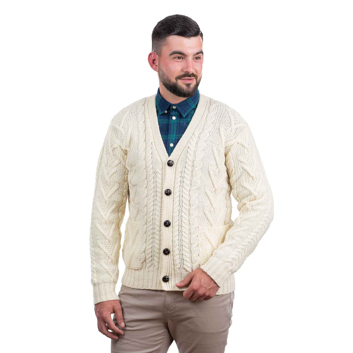 Men's V-Neck Cable Cardigan, Natural