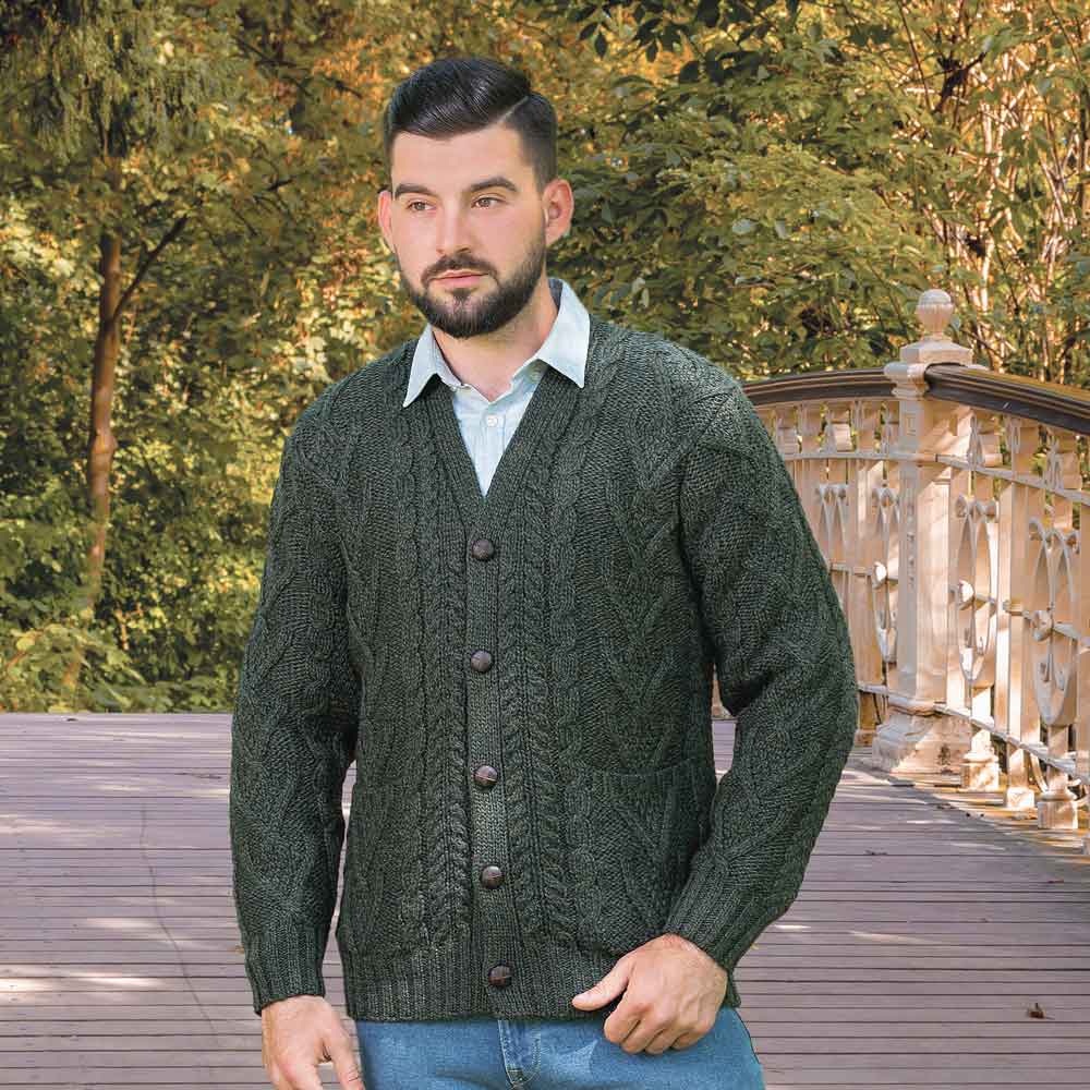 Men's V-Neck Cable Cardigan, Army Green