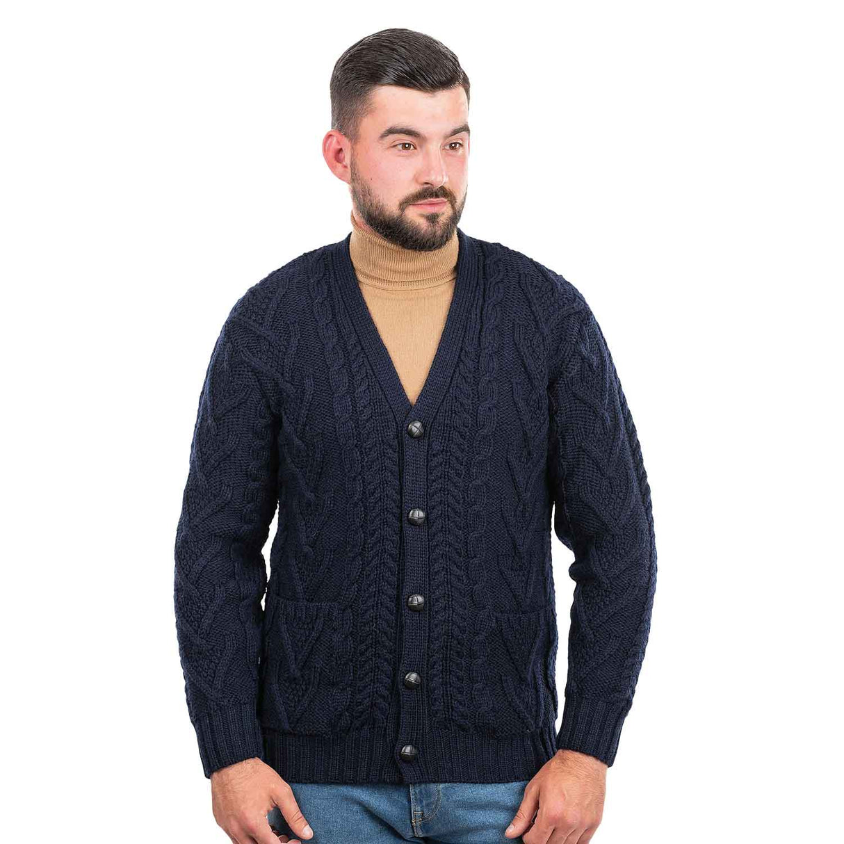 Men's V-Neck Cable Cardigan, Navy