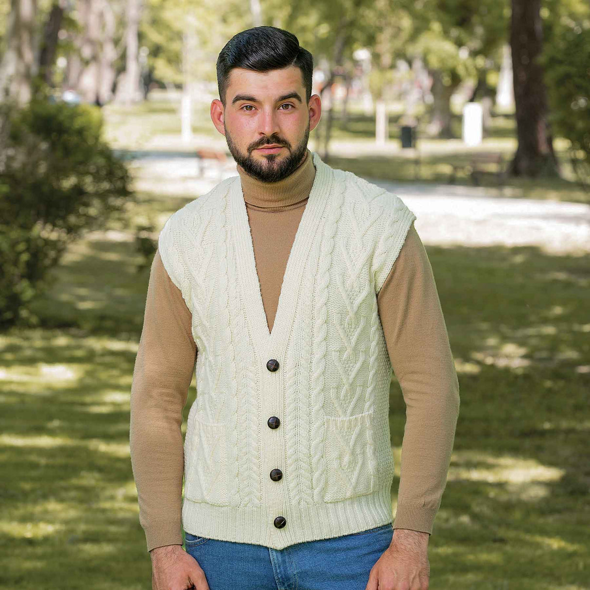 Men's Aran Knit Vest, Natural