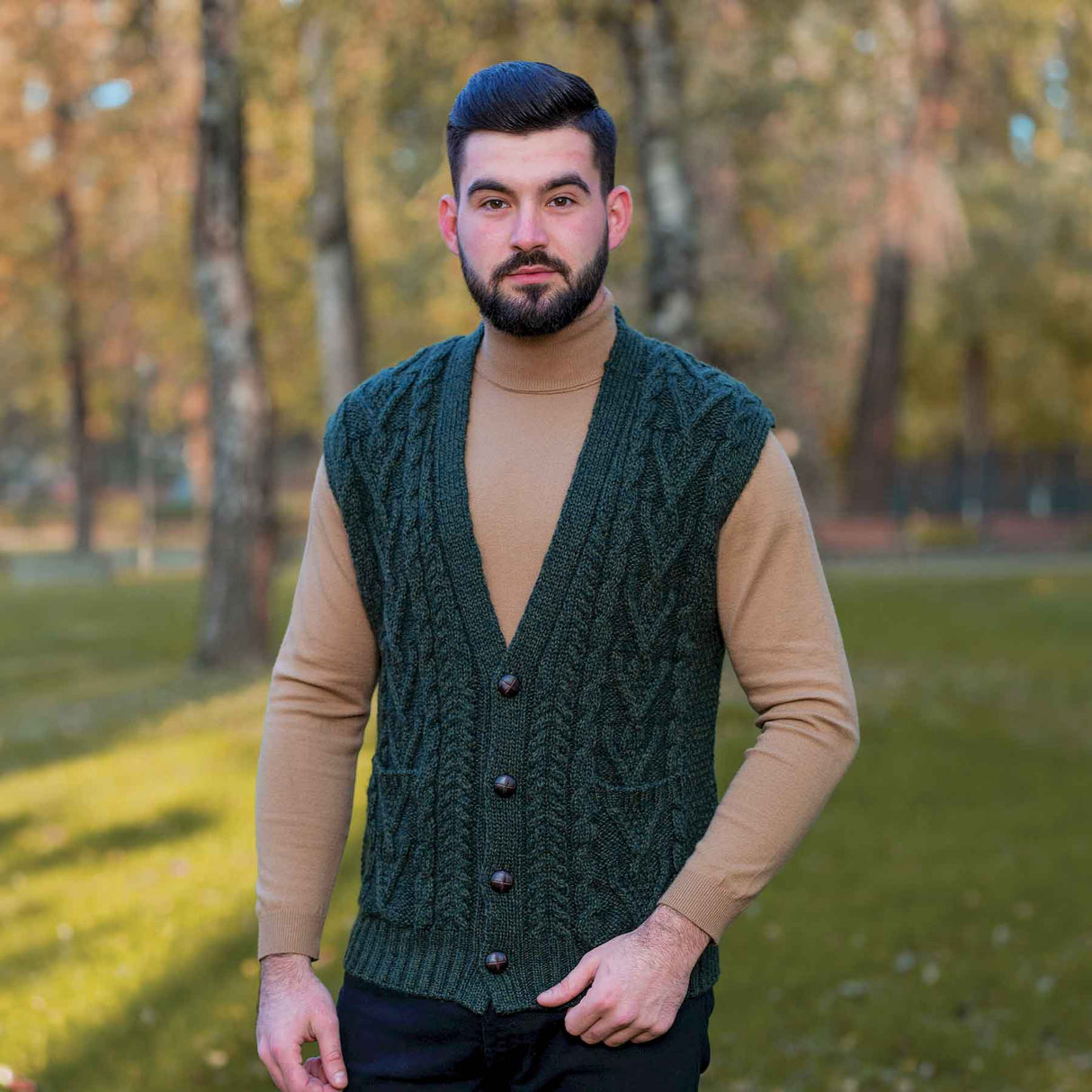 Men's Aran Knit Vest, Army Green