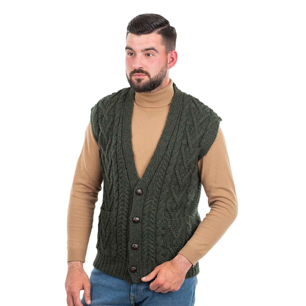 Men's Aran Knit Vest, Army Green