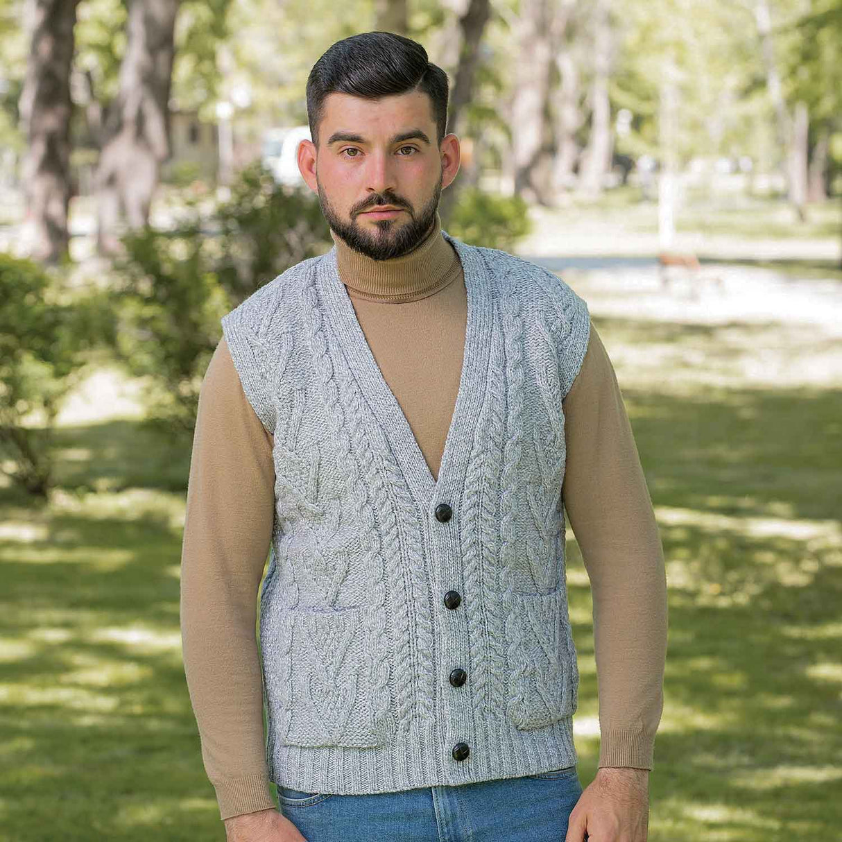 Men's Aran Knit Vest, Grey