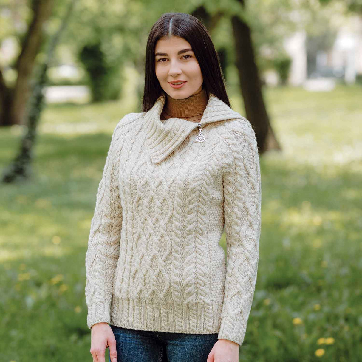 Women's Zipper Neck Aran Knit Sweater, Parsnip