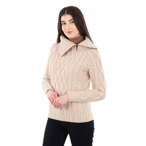 Women's Zipper Neck Aran Knit Sweater, Parsnip