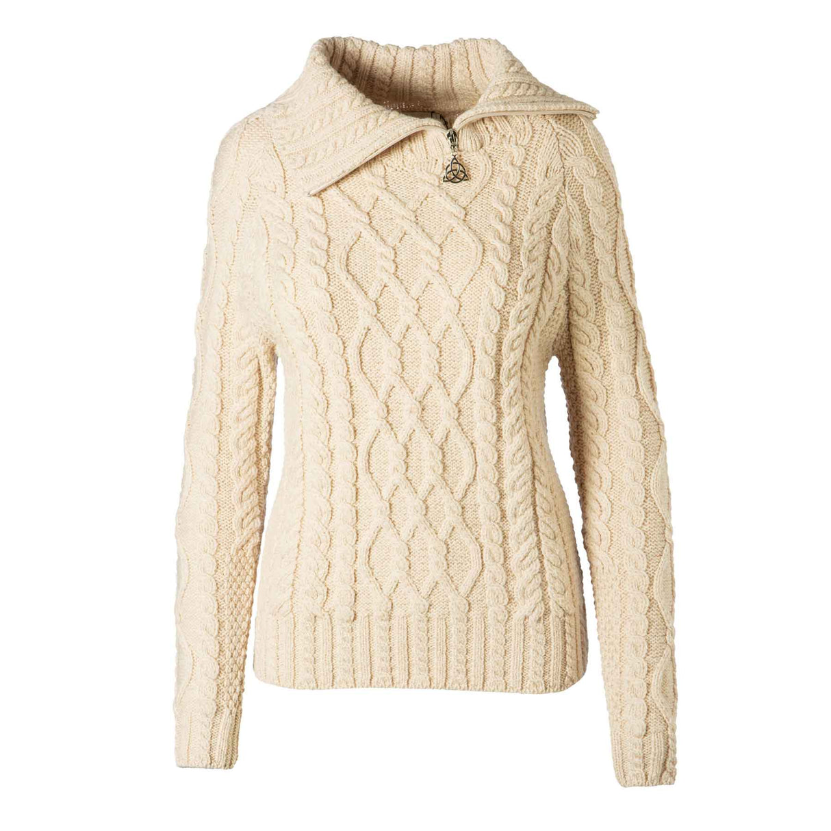 Women's Zipper Neck Aran Knit Sweater, Parsnip