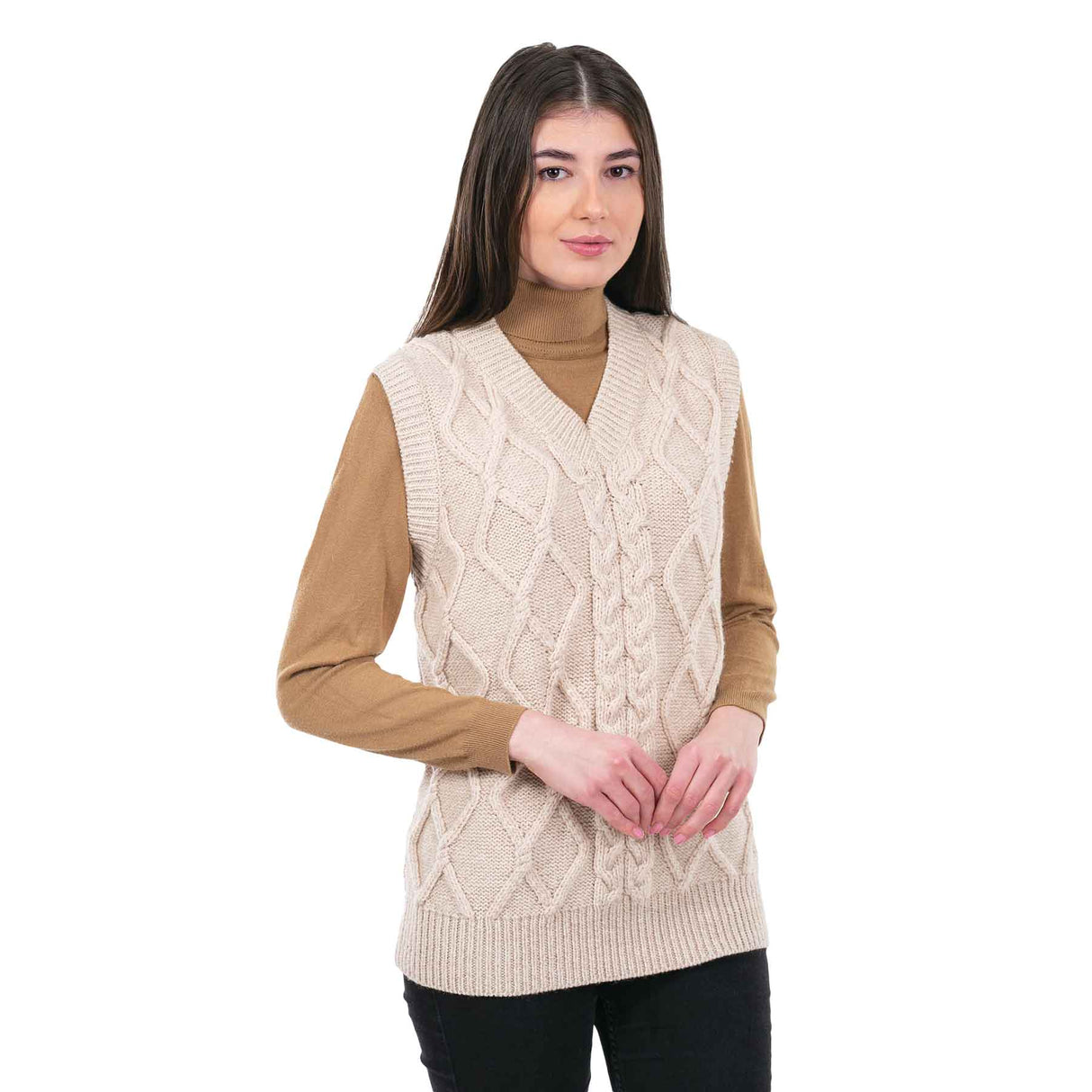 Women's Oversized Aran Knit Cable Vest, Parsnip