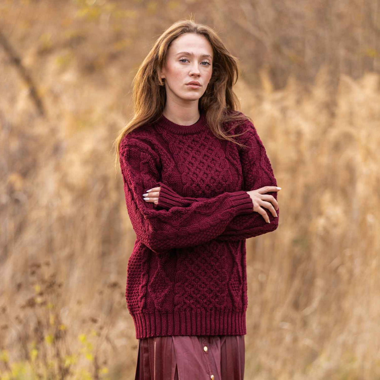 Women's Cable Aran Knit Fisherman Sweater, Wine