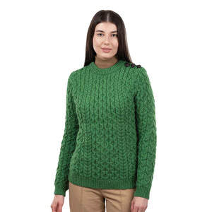 Women's Aran Knit Side Button Sweater, Green