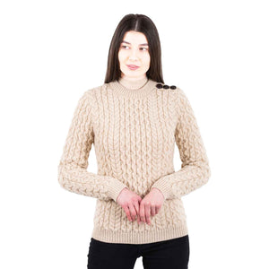 Women's Aran Knit Side Button Sweater, Parsnip