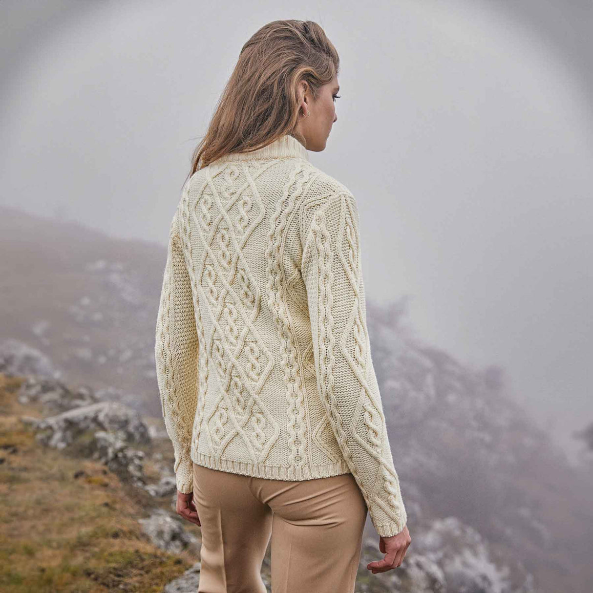 Women's Aran Cable Knit Sweater, Natural