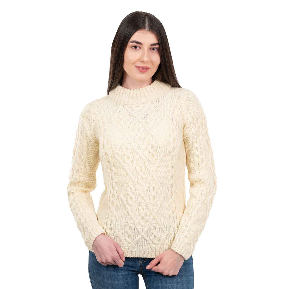 Women's Aran Cable Knit Sweater, Natural