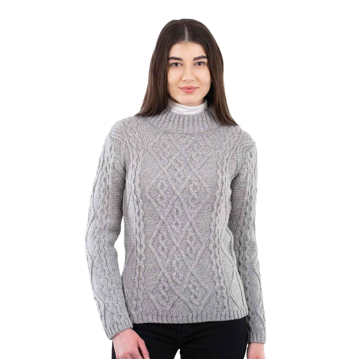 Women's Aran Cable Knit Sweater, Grey