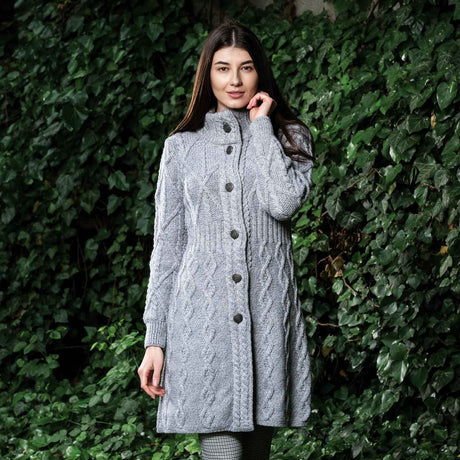 Women's Aran Cable Knit Signature Coat, Grey