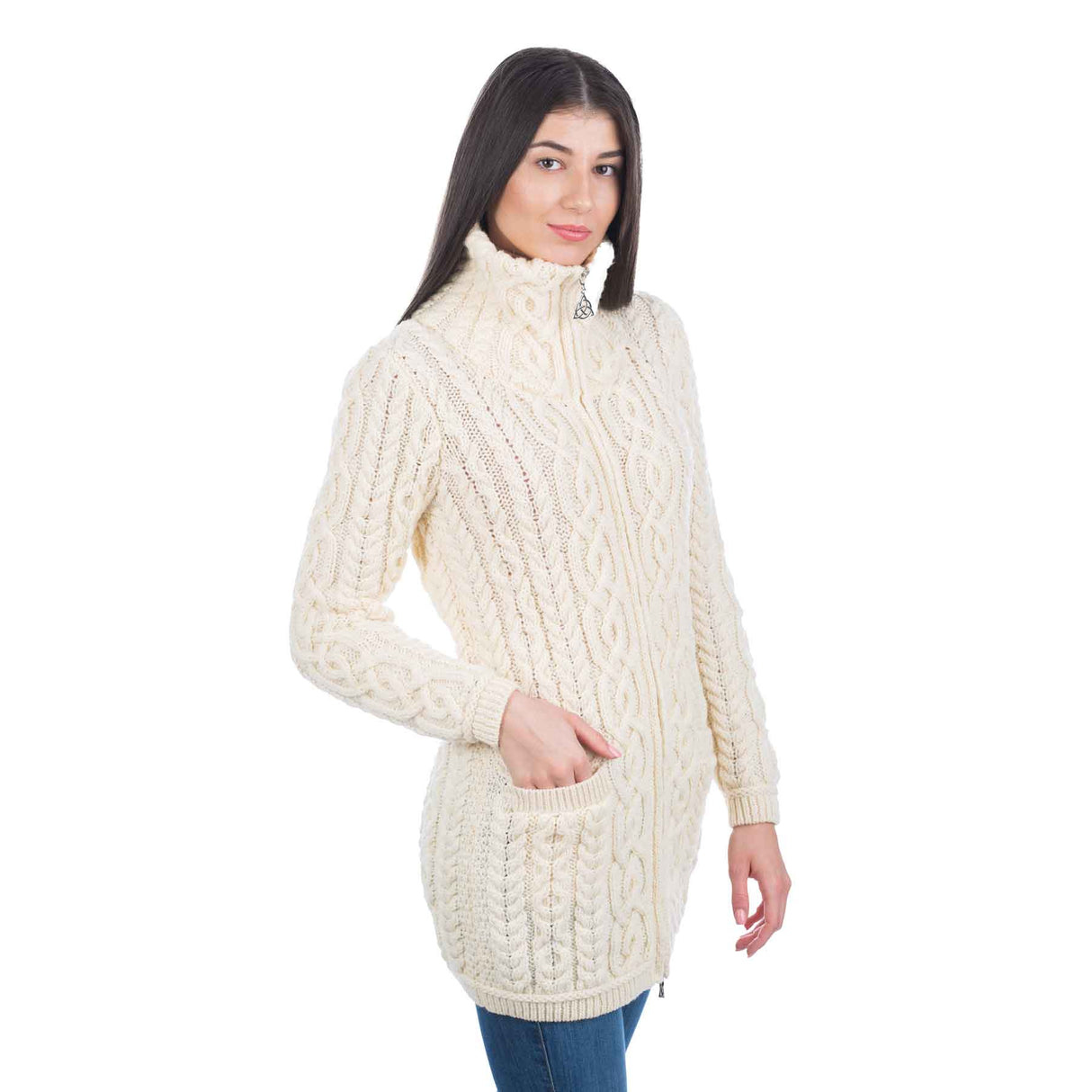 Women's Aran Knit Zip Cardigan, Natural