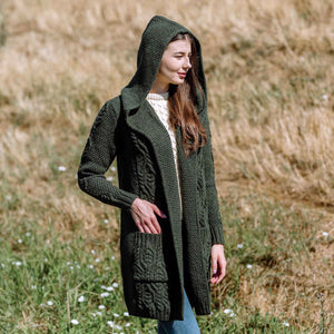 Women's Aran Knit Hooded Long Cardigan, Army Green