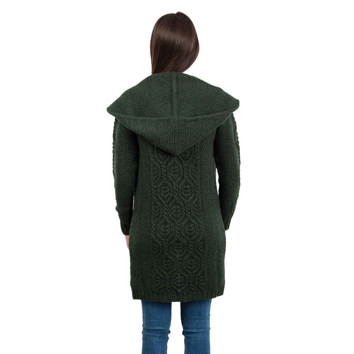 Women's Aran Knit Hooded Long Cardigan, Army Green