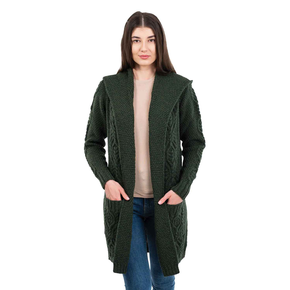 Women's Aran Knit Hooded Long Cardigan, Army Green