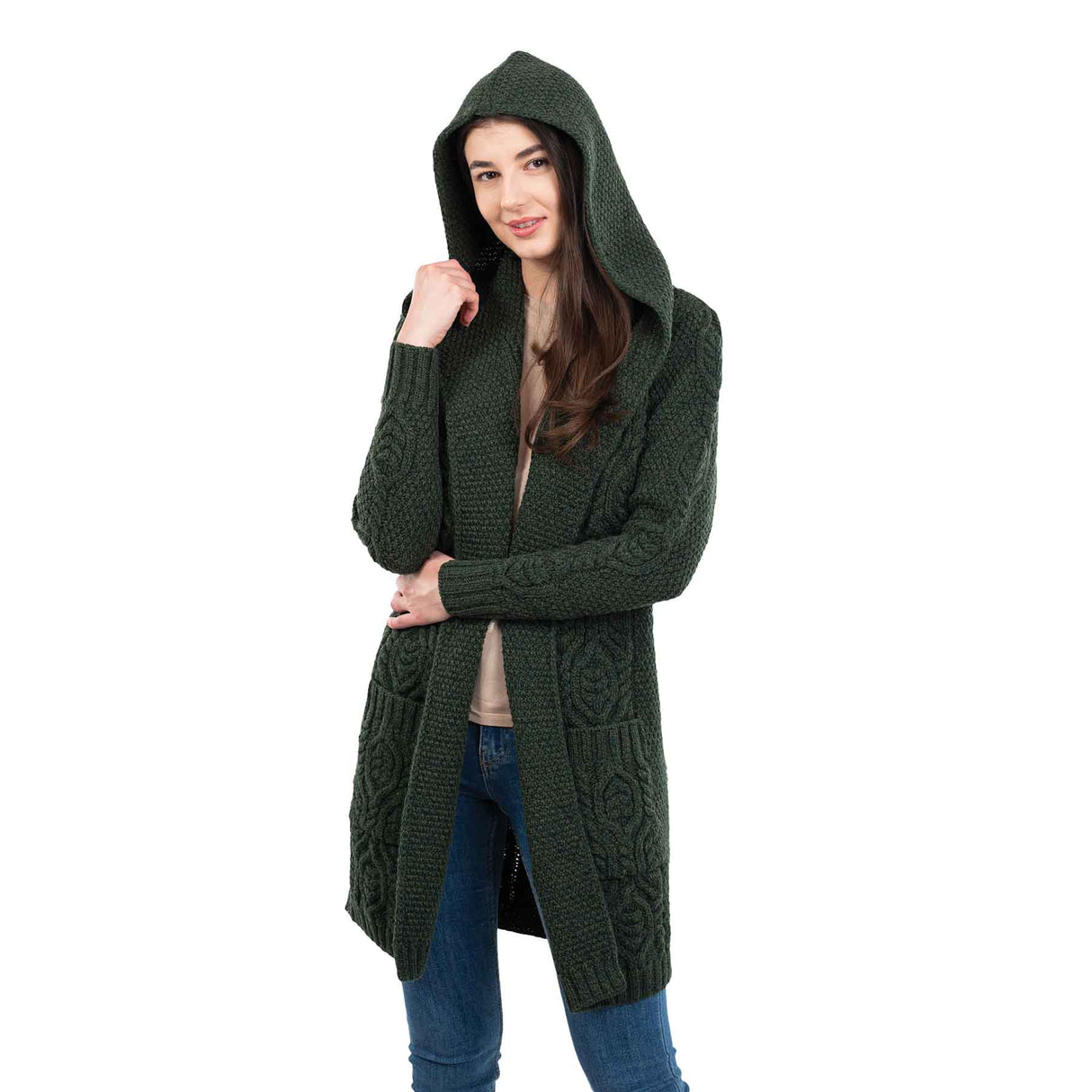 Women's Aran Knit Hooded Long Cardigan, Army Green