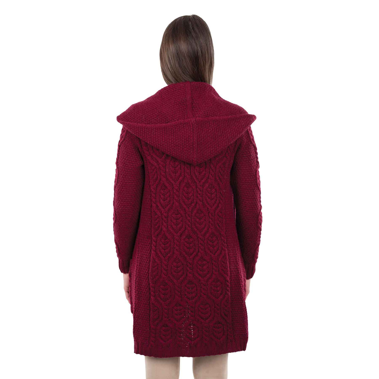 Women's Aran Knit Hooded Long Cardigan, Wine