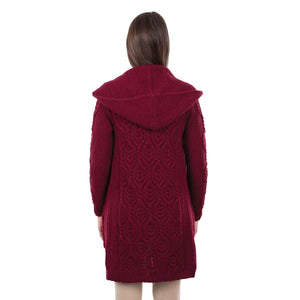 Women's Aran Knit Hooded Long Cardigan, Wine