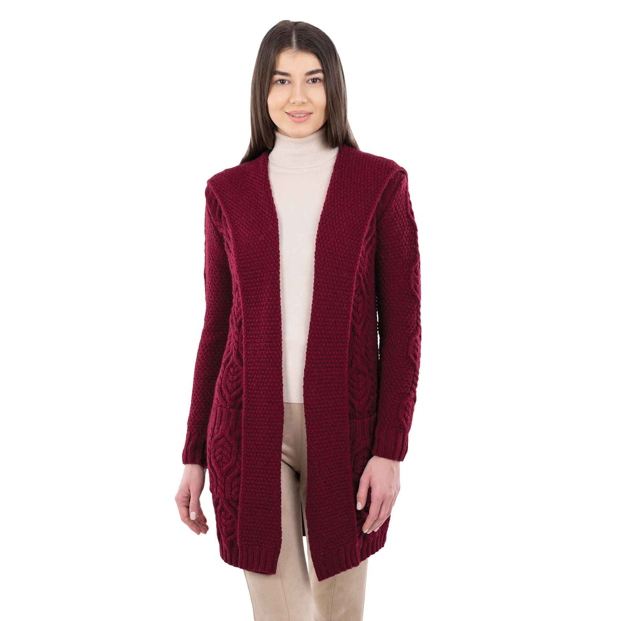 Women's Aran Knit Hooded Long Cardigan, Wine