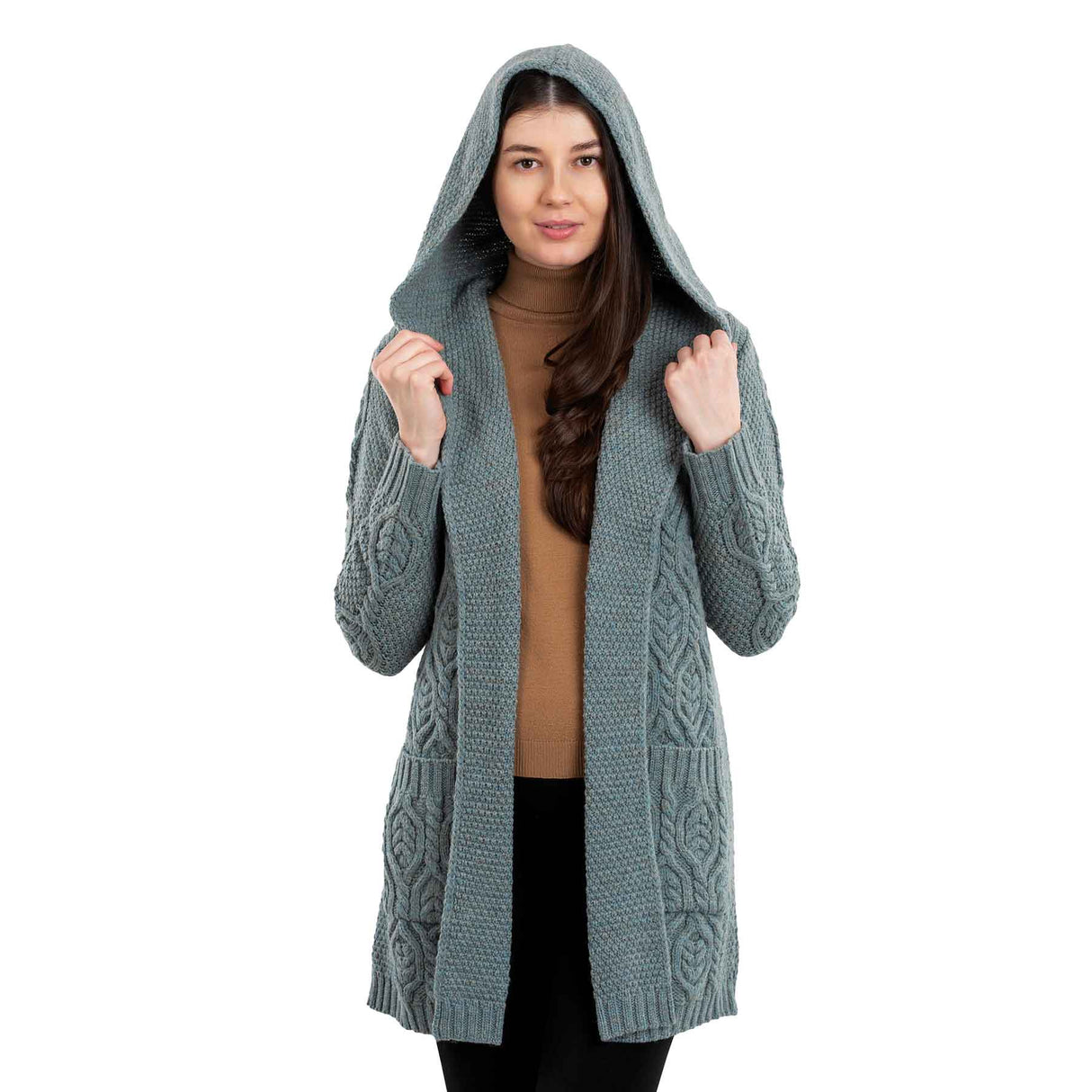 Women's Aran Knit Hooded Long Cardigan, Skylight