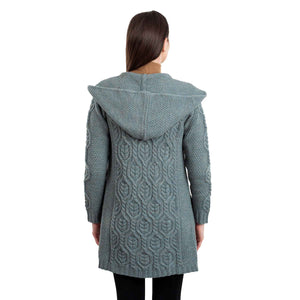 Women's Aran Knit Hooded Long Cardigan, Skylight