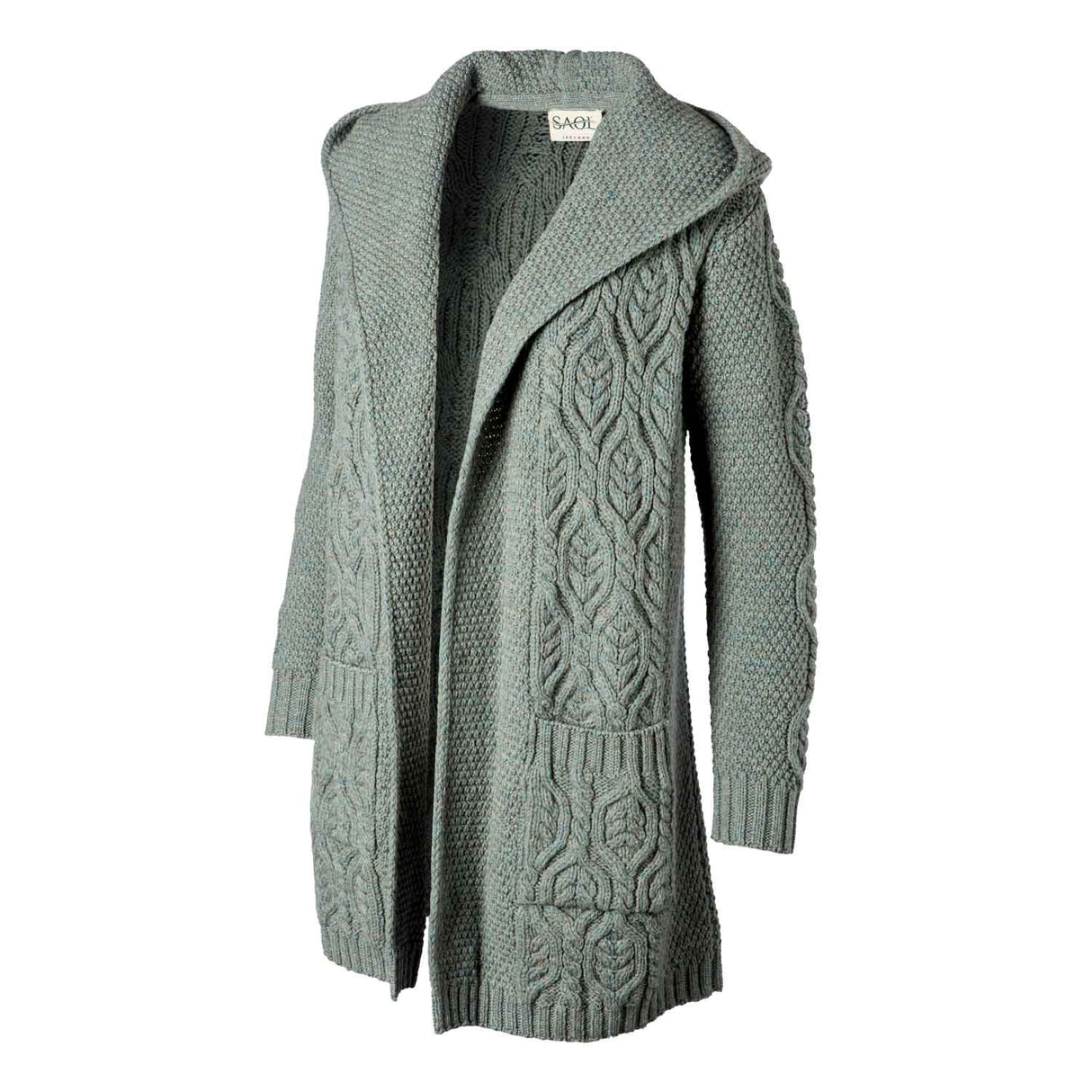 Women's Aran Knit Hooded Long Cardigan, Skylight