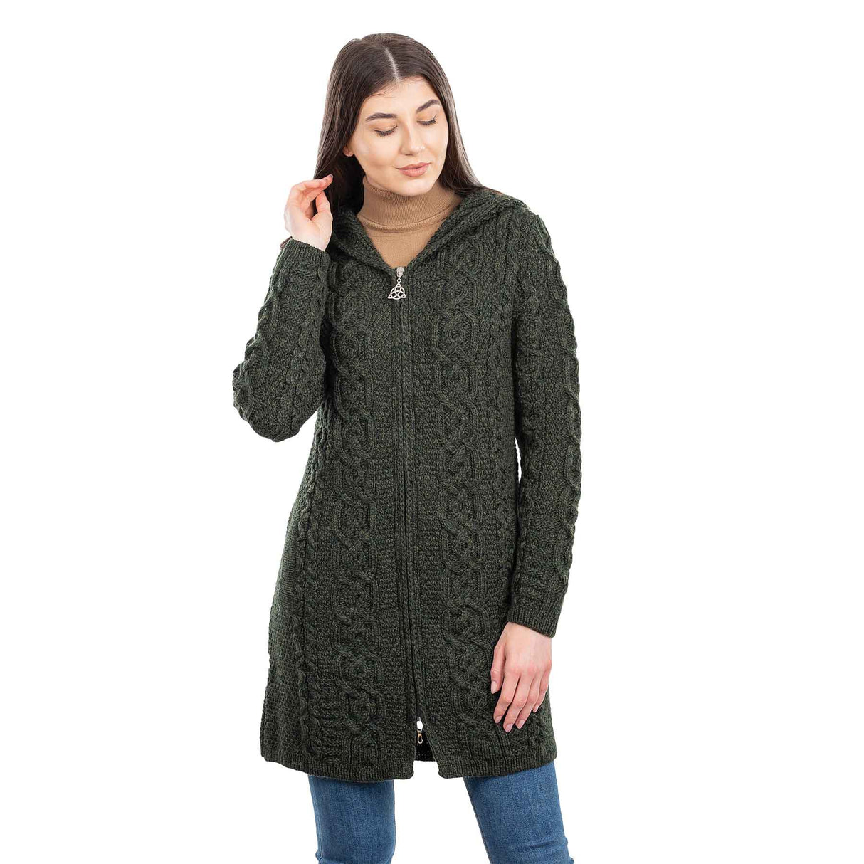 Women's Celtic Aran Knit Jacket, Army Green