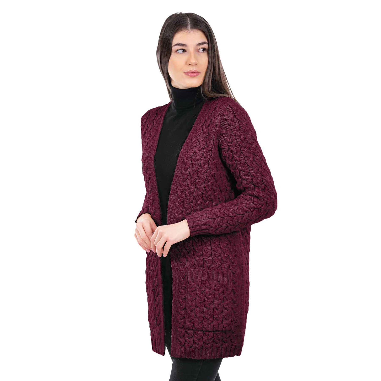 Women's Aran Knit Icon Cardigan Coat, Wine